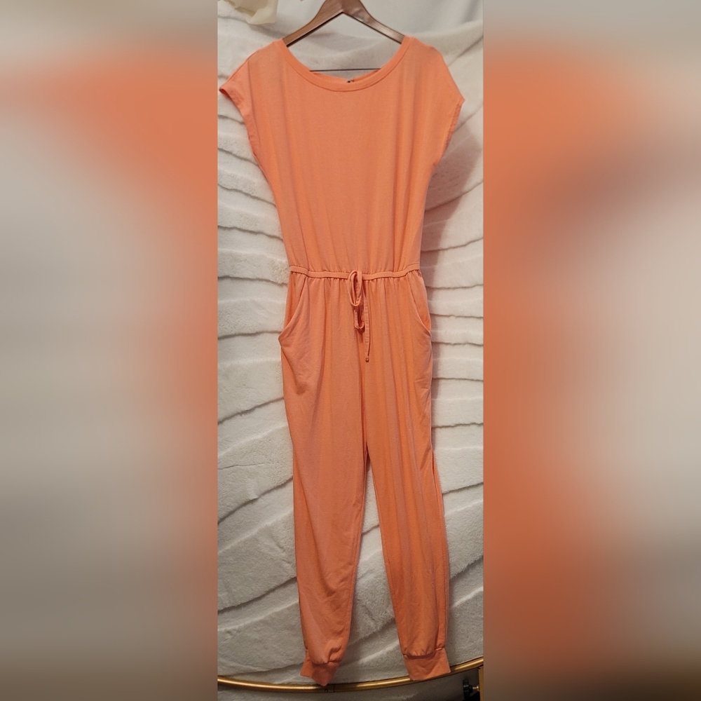 Pretty Garden Jumpsuit Women's Small Peach Elastic Waist Cap Sleeve Casual Comfy